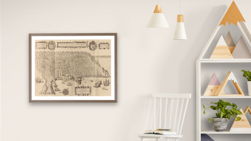 A Cidade de Angra. Na Ilhade Iesu Xpoda Tercera by Jan Huygen Van Linschoten, shown at 30 × 40 in (76.2 × 101.6 cm) in Arber Light Walnut, bedroom [arteriel-render:v6:room_a:30x40@29,48]