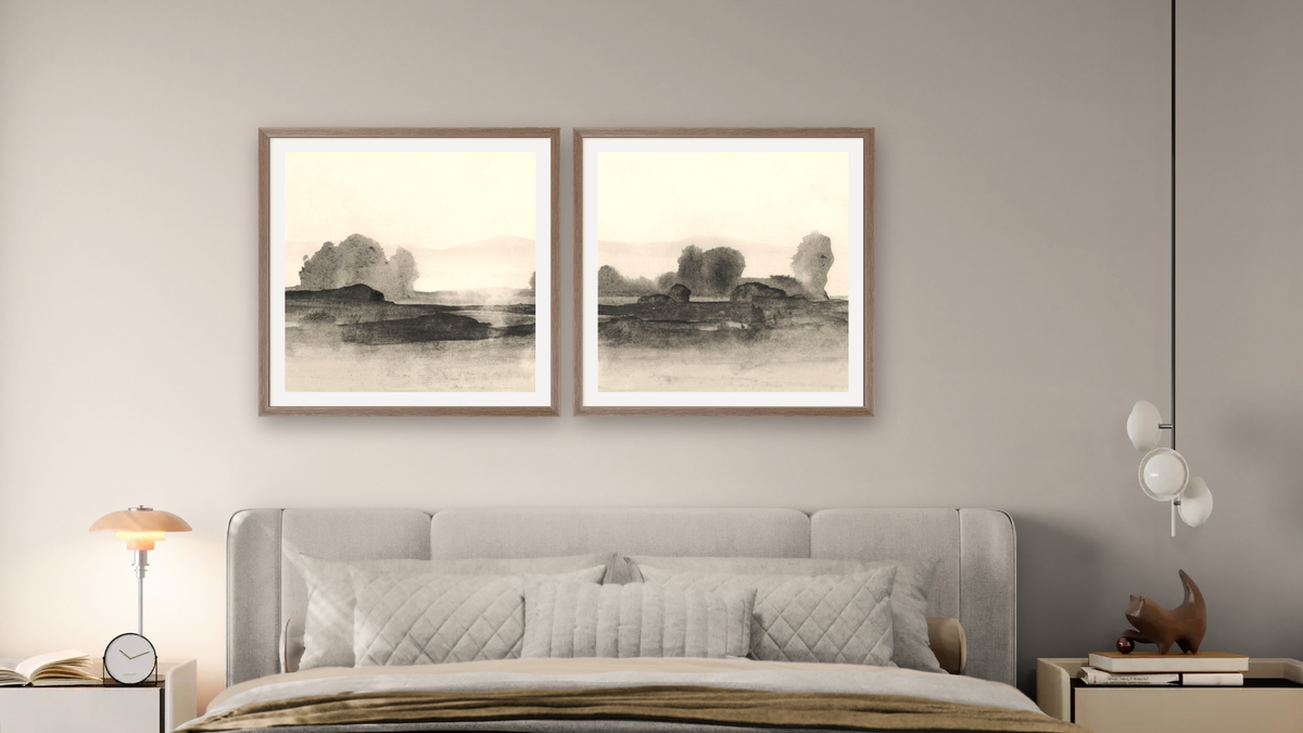 Diptych — Land 1 SQ × Land 2 SQ, shown at 32 × 32 in (81.3 × 81.3 cm) in Arber Light Walnut, bedroom