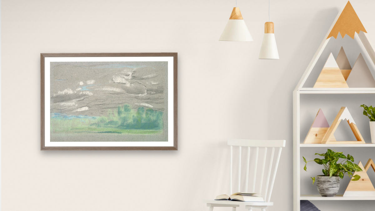 Pastel from A.B. Davies book, edition #32/50 by Arthur Bowen Davies, shown at 28 × 42 in (71.1 × 106.7 cm) in Arber Light Walnut, bedroom