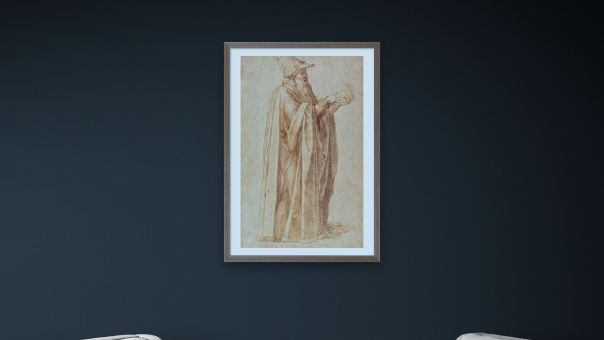 Study of a Man by Michelangelo Buonarroti, shown at 28 × 42 in (71.1 × 106.7 cm) in Arber Light Walnut, office