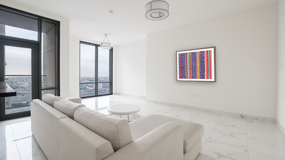 Autumn Drama by Alma Thomas, shown at 32 × 40 in (81.3 × 101.6 cm) in Arber Light Walnut, living