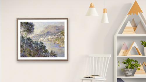 A View of Cape Martin, Monte Carlo by Claude Monet, shown at 32 × 40 in (81.3 × 101.6 cm) in Arber Light Walnut, bedroom [arteriel-render:v6:room_a:32x40@29,48]