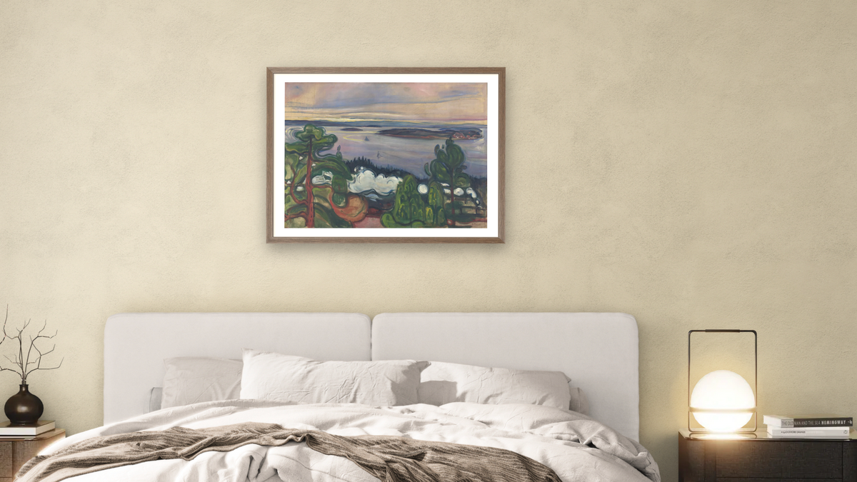 Train Smoke by Edvard Munch, shown at 30 × 40 in (76.2 × 101.6 cm) in Arber Light Walnut, bedroom