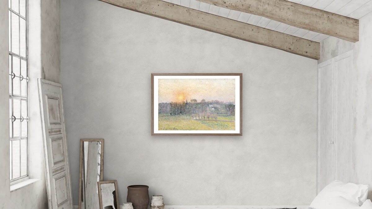 Sunset, Bazincourt by Camille Pissarro, shown at 28 × 42 in (71.1 × 106.7 cm) in Arber Light Walnut, bedroom