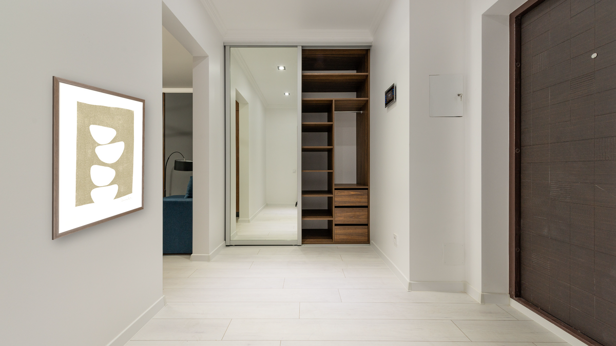 Mello 1 by Dan Hobday, shown at 30 × 42 in (76.2 × 106.7 cm) in Arber Light Walnut, hallway