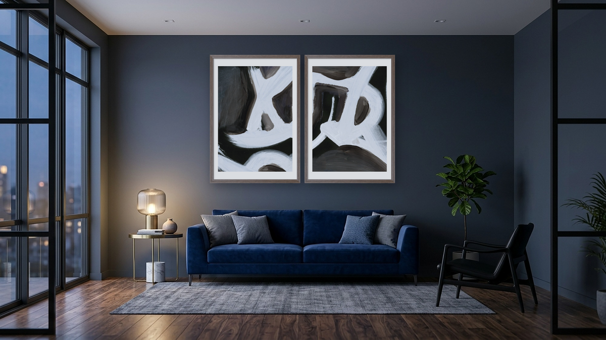 Diptych — Bones 1 × Bones 2, shown at 28 × 42 in (71.1 × 106.7 cm) in Arber Light Walnut, den