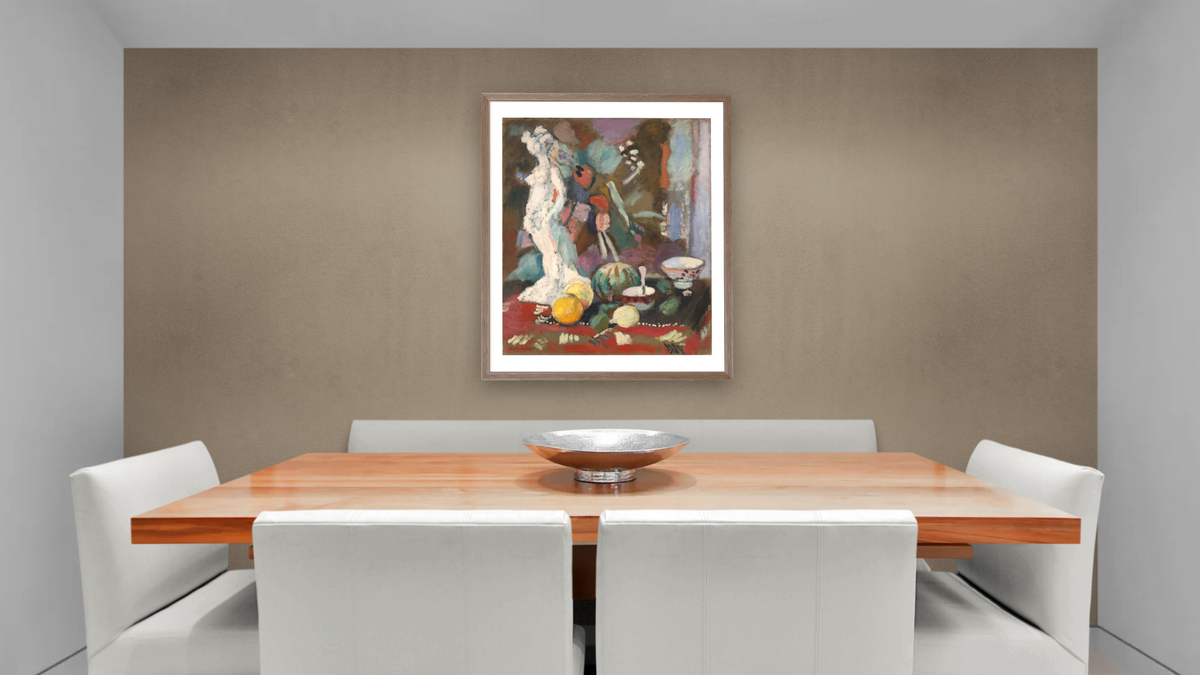 Nature morte à la statuette (Still Life with Plaster Figure) by Henri Matisse, shown at 32 × 40 in (81.3 × 101.6 cm) in Arber Light Walnut, dining