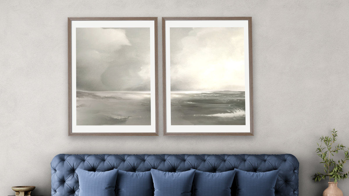 Diptych — After The Storm 1 × After The Storm 2, shown at 28 × 42 in (71.1 × 106.7 cm) in Arber Light Walnut, bedroom