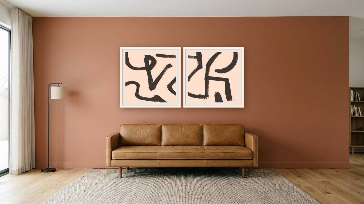 Diptych — Berf 1 × Berf 2, shown at 32 × 32 in (81.3 × 81.3 cm) in Arber Light Walnut, media room