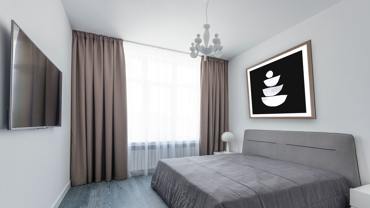 Mono Shapes 6 by Dan Hobday, shown at 32 × 32 in (81.3 × 81.3 cm) in Arber Light Walnut, bedroom