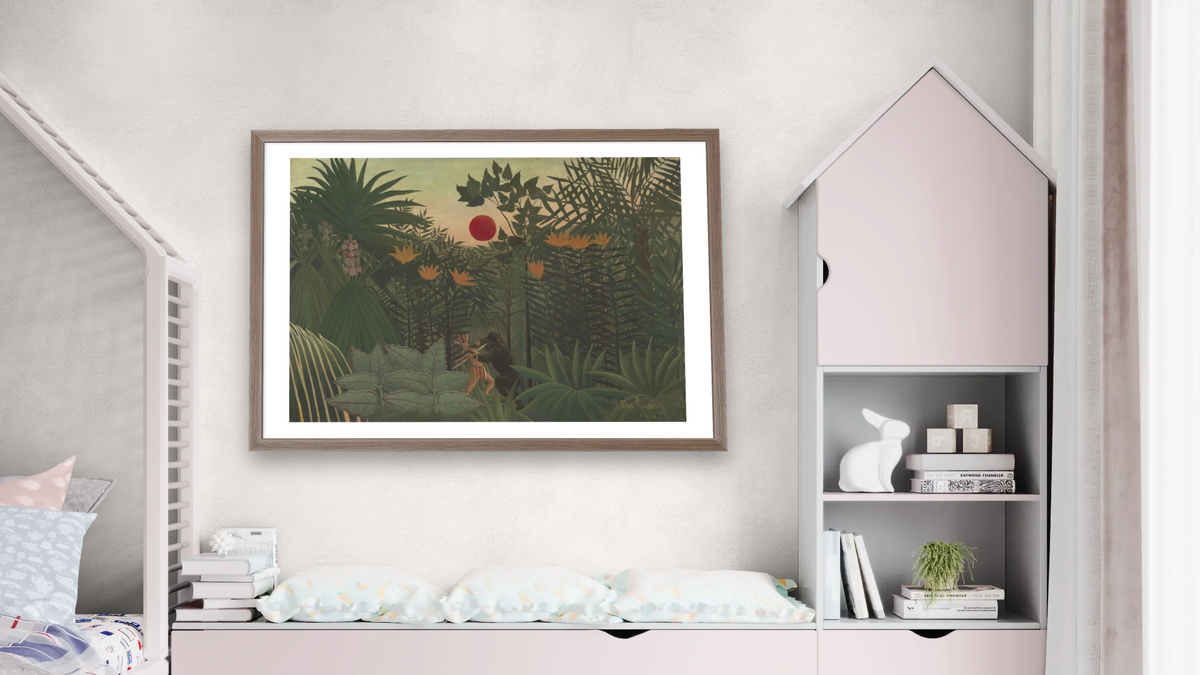 Tropical Landscape - An American Indian Struggling with a Gorilla by Henri Rousseau, shown at 28 × 42 in (71.1 × 106.7 cm) in Arber Light Walnut, bedroom