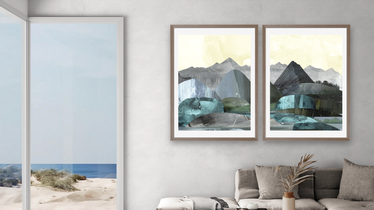 Diptych — Dream Land 1 × Dream Land 2, shown at 28 × 42 in (71.1 × 106.7 cm) in Arber Light Walnut, living