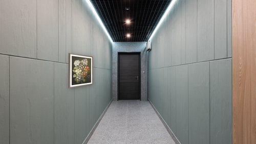 A Bouquet of Auriculas by Pierre Joseph Redouté, shown at 31 × 40 in (78.7 × 101.6 cm) in Arber Light Walnut, hallway [arteriel-render:v6:room_a:31x40]