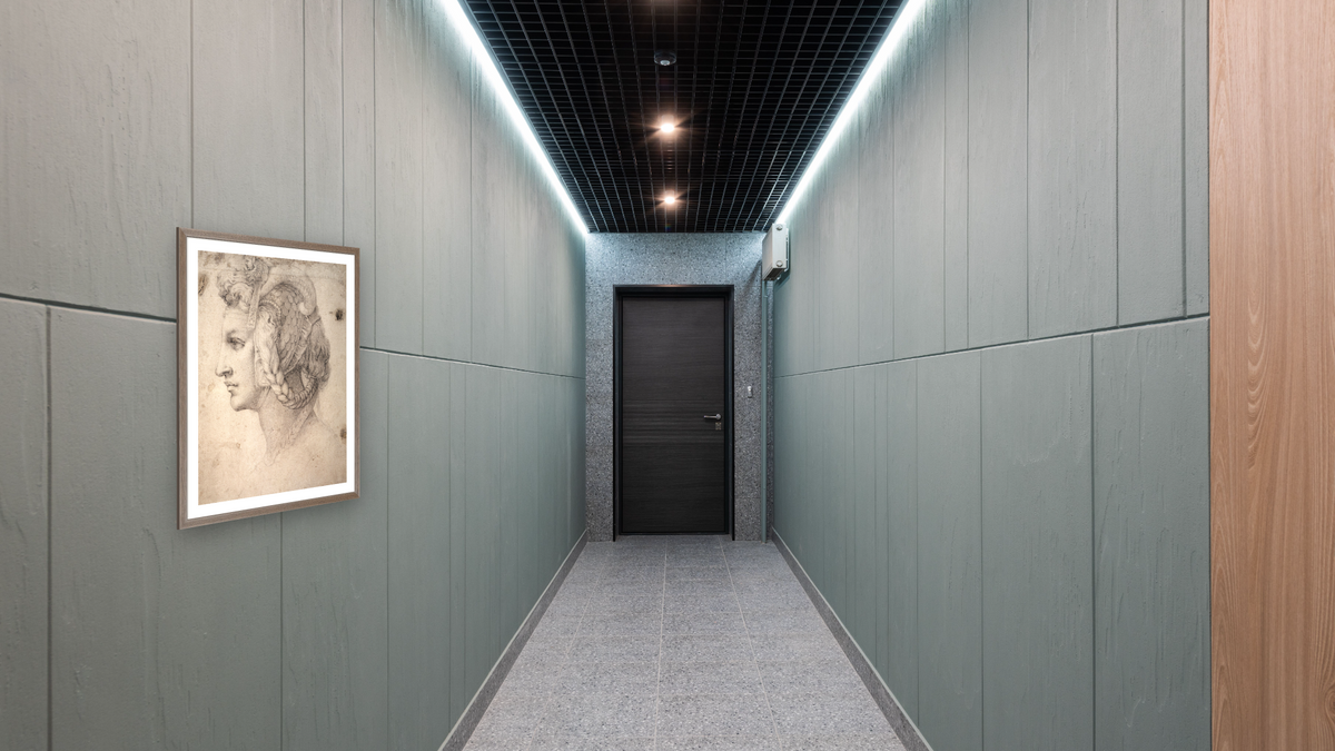 Study of Head by Michelangelo Buonarroti, shown at 32 × 40 in (81.3 × 101.6 cm) in Arber Light Walnut, hallway