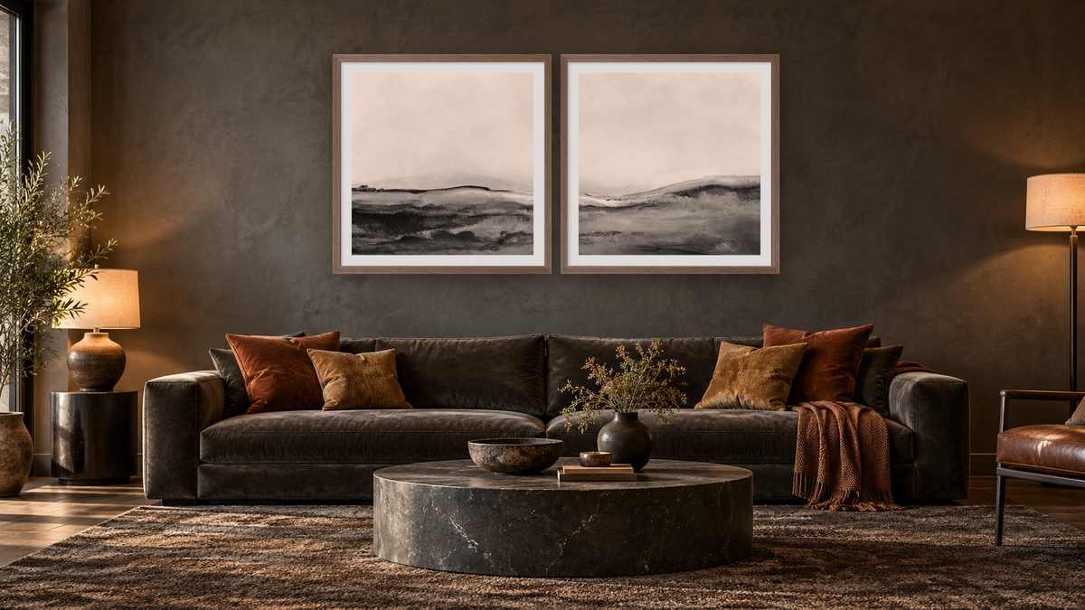 Diptych — Mono Landscape 1 × Mono Landscape 2, shown at 32 × 32 in (81.3 × 81.3 cm) in Arber Light Walnut, den