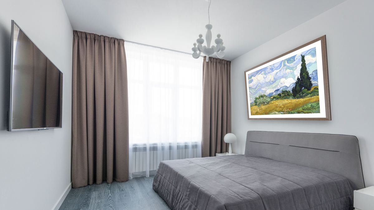 Wheat Field with Cypresses by Vincent van Gogh, shown at 32 × 40 in (81.3 × 101.6 cm) in Arber Light Walnut, bedroom