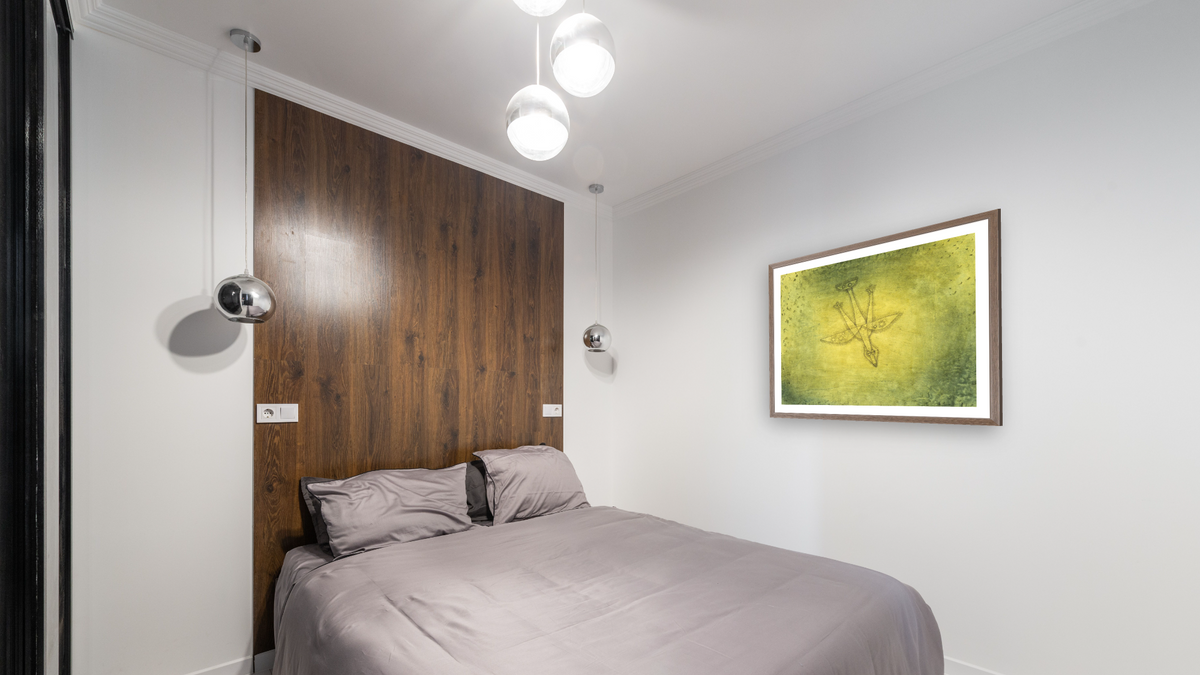 Down the More Troubling Bird by Paul Klee, shown at 33 × 40 in (83.8 × 101.6 cm) in Arber Light Walnut, bedroom