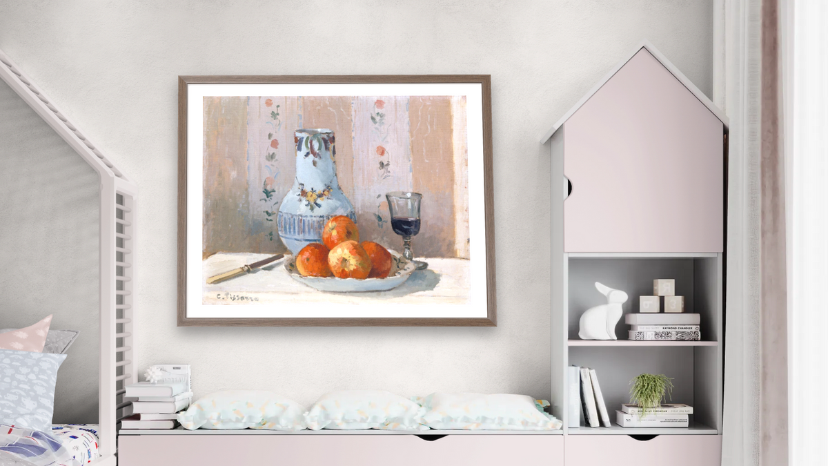 Still Life with Apples and Pitcher by Camille Pissarro, shown at 32 × 40 in (81.3 × 101.6 cm) in Arber Light Walnut, bedroom