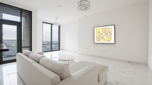 A Color of His Own by Leo Lionni, shown at 32 × 40 in (81.3 × 101.6 cm) in Arber Light Walnut, living [arteriel-render:v6:room_a:32x40@69,40]
