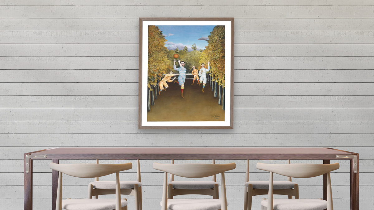 The Football Players by Henri Rousseau, shown at 32 × 40 in (81.3 × 101.6 cm) in Arber Light Walnut, dining