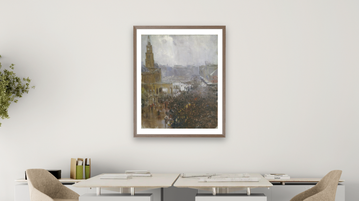 Fireman's funeral, George Street by Arthur Streeton, shown at 32 × 40 in (81.3 × 101.6 cm) in Arber Light Walnut, office