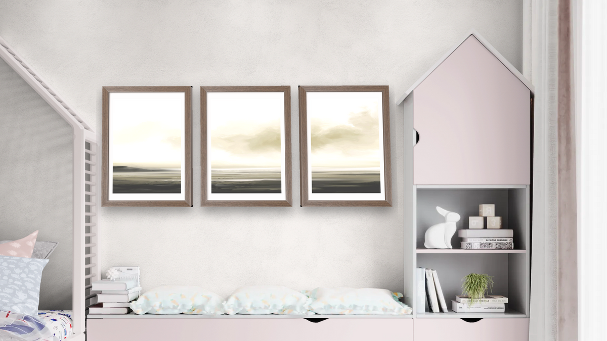 Triptych — Marsh Set 1 × Marsh Set 2 × Marsh Set 3, shown at 14 × 21 in (35.6 × 53.3 cm) in Arber Light Walnut, bedroom
