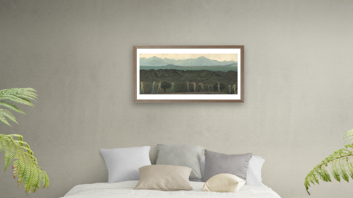 Line of Mountains by Arthur Bowen Davies, shown at 20 × 40 in (50.8 × 101.6 cm) in Arber Light Walnut, bedroom
