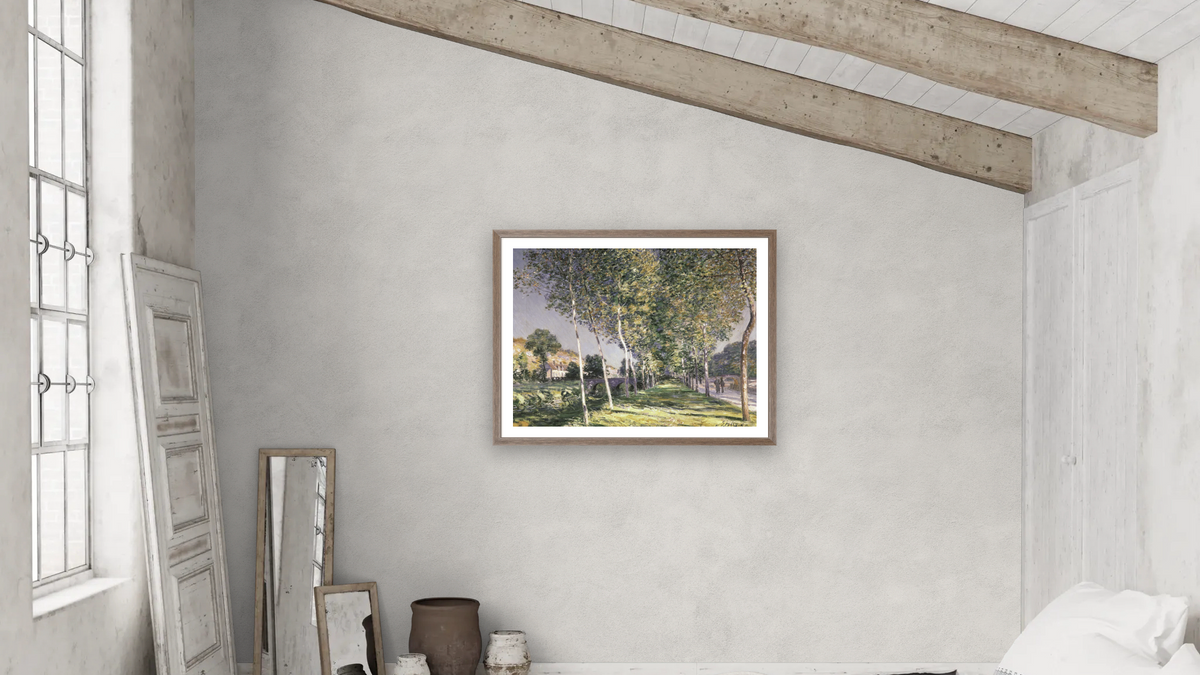The Walk by Alfred Sisley, shown at 30 × 40 in (76.2 × 101.6 cm) in Arber Light Walnut, bedroom
