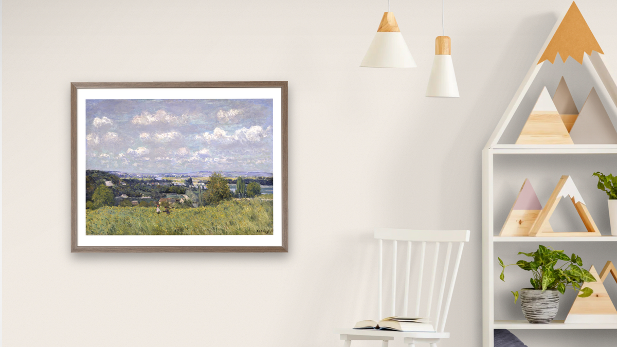 The Valley of the Seine at Saint-Cloud by Alfred Sisley, shown at 30 × 40 in (76.2 × 101.6 cm) in Arber Light Walnut, bedroom