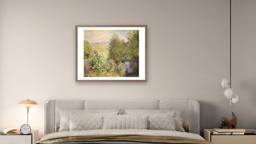 A Corner of the Garden at Montgeron by Claude Monet, shown at 32 × 40 in (81.3 × 101.6 cm) in Arber Light Walnut, bedroom [arteriel-render:v6:room_a:32x40@43,37]