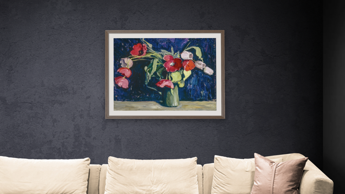 Still Life with Flowers (tulips) by Jane Peterson, shown at 32 × 40 in (81.3 × 101.6 cm) in Arber Light Walnut, living