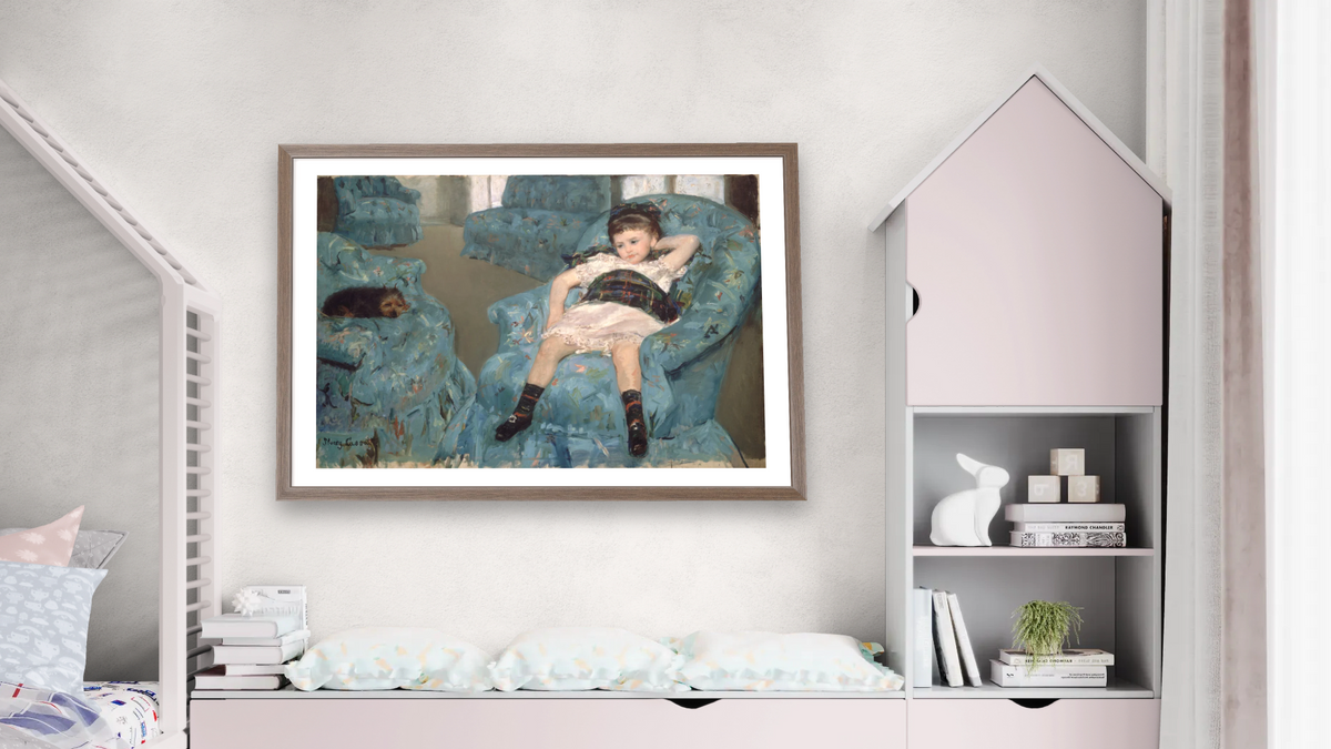 Little Girl in a Blue Armchair by Mary Cassatt, shown at 28 × 42 in (71.1 × 106.7 cm) in Arber Light Walnut, bedroom