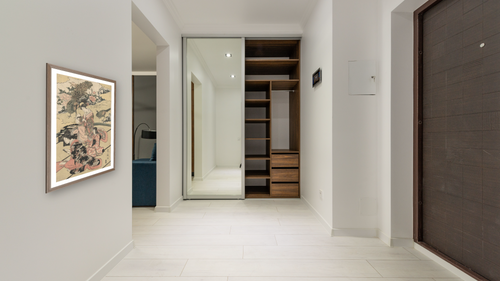 A Daimyo's Mansion by Utagawa Toyokuni, shown at 28 × 42 in (71.1 × 106.7 cm) in Arber Light Walnut, hallway [arteriel-render:v6:room_a:28x42@16,46]