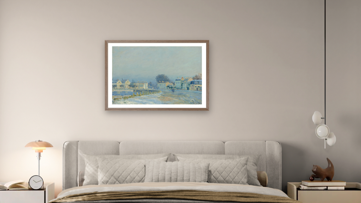 The Watering Pond at Marly with Hoarfrost (L'Abreuvoir a Marly - gelee blanche) by Alfred Sisley, shown at 28 × 42 in (71.1 × 106.7 cm) in Arber Light Walnut, bedroom