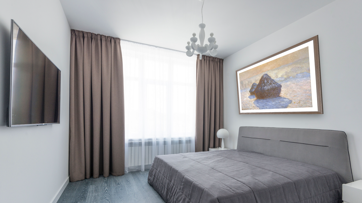 Haystacks: Snow Effect by Claude Monet, shown at 30 × 42 in (76.2 × 106.7 cm) in Arber Light Walnut, bedroom