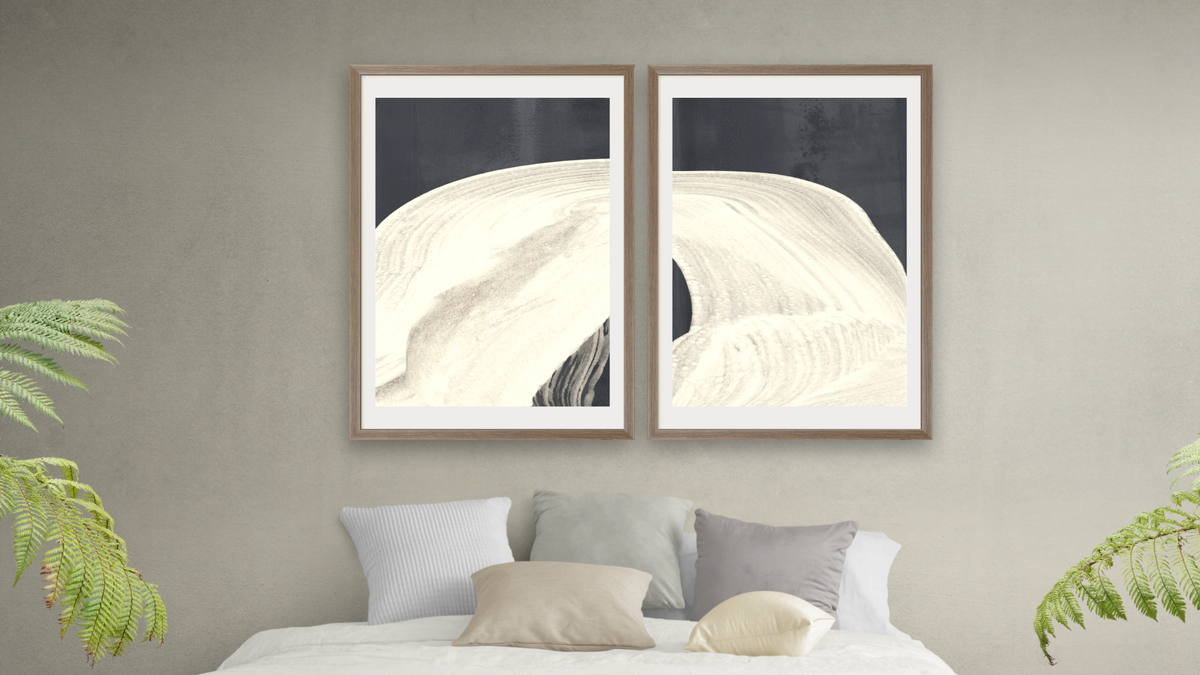 Diptych — Lux 1 × Lux 2, shown at 28 × 42 in (71.1 × 106.7 cm) in Arber Light Walnut, bedroom