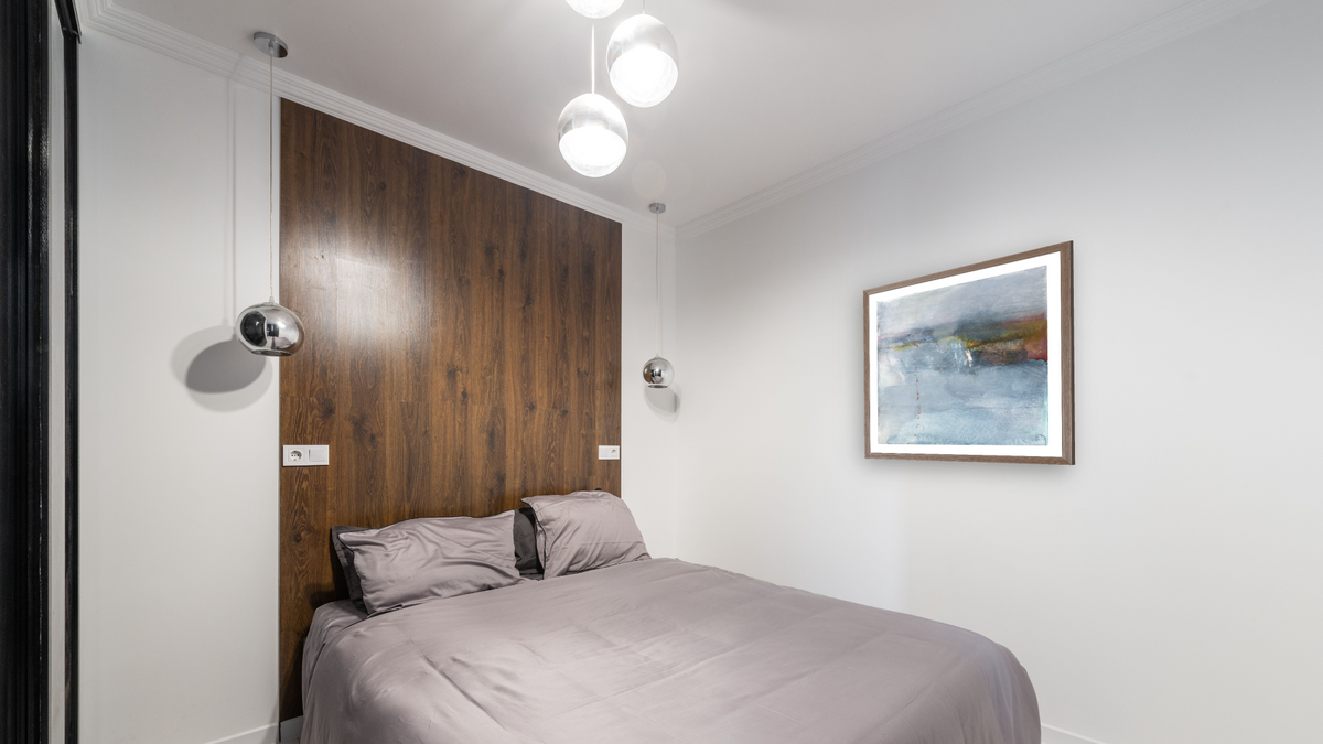 No. 353 by Michelle Oppenheimer, shown at 32 × 32 in (81.3 × 81.3 cm) in Arber Light Walnut, bedroom