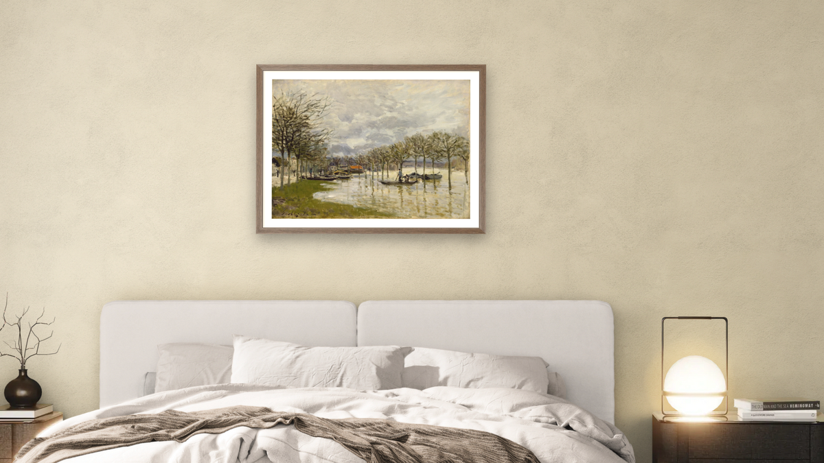 The Flood on the Road to Saint-Germain by Alfred Sisley, shown at 30 × 40 in (76.2 × 101.6 cm) in Arber Light Walnut, bedroom