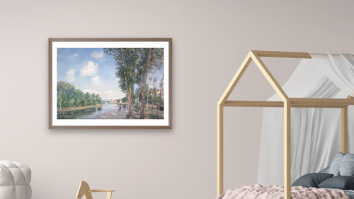 A Saint-Mammes. Sol de juny by Alfred Sisley, shown at 30 × 40 in (76.2 × 101.6 cm) in Arber Light Walnut, bedroom [arteriel-render:v6:room_a:30x40@31,42]