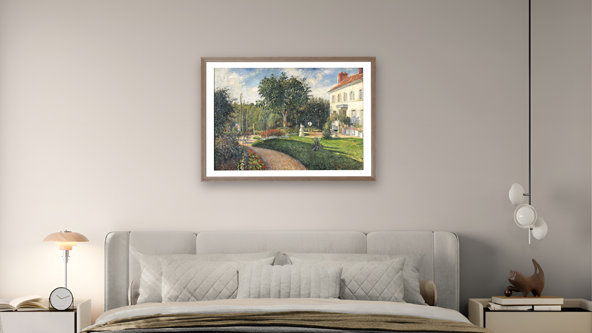 The Garden of Les Mathurins at Pontoise by Camille Pissarro, shown at 28 × 42 in (71.1 × 106.7 cm) in Arber Light Walnut, bedroom