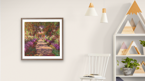 A Pathway in Monet's Garden, Giverny, 1902 by Claude Monet, shown at 32 × 32 in (81.3 × 81.3 cm) in Arber Light Walnut, bedroom [arteriel-render:v6:room_a:32x32@29,48]