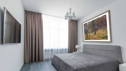 A Grey Day by Frank V. Dudley, shown at 36 × 40 in (91.4 × 101.6 cm) in Arber Light Walnut, bedroom [arteriel-render:v6:room_a:36x40@77,37]