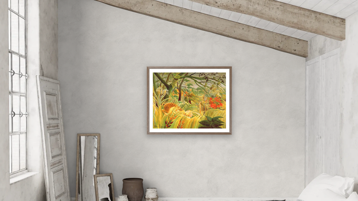 Tiger in a Tropical Storm (Surprised!) by Henri Rousseau, shown at 32 × 40 in (81.3 × 101.6 cm) in Arber Light Walnut, bedroom
