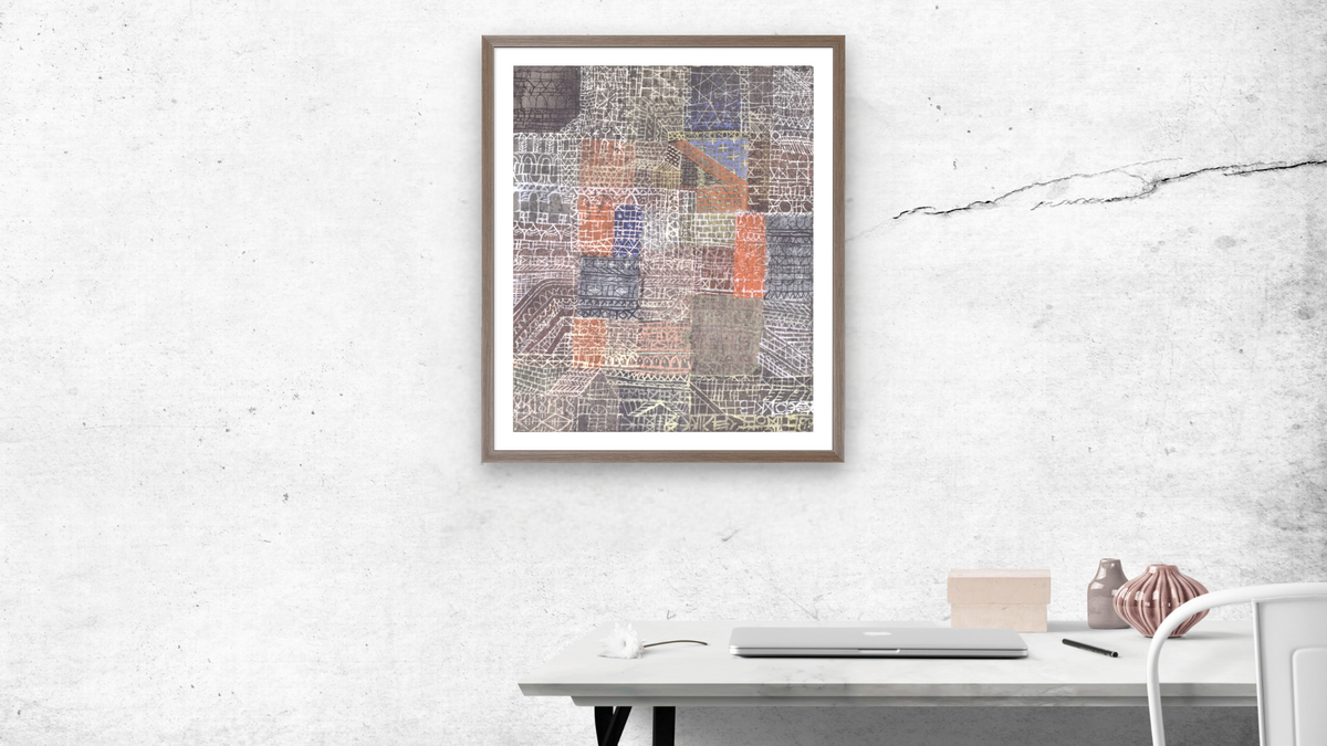 Structural II by Paul Klee, shown at 33 × 40 in (83.8 × 101.6 cm) in Arber Light Walnut, office
