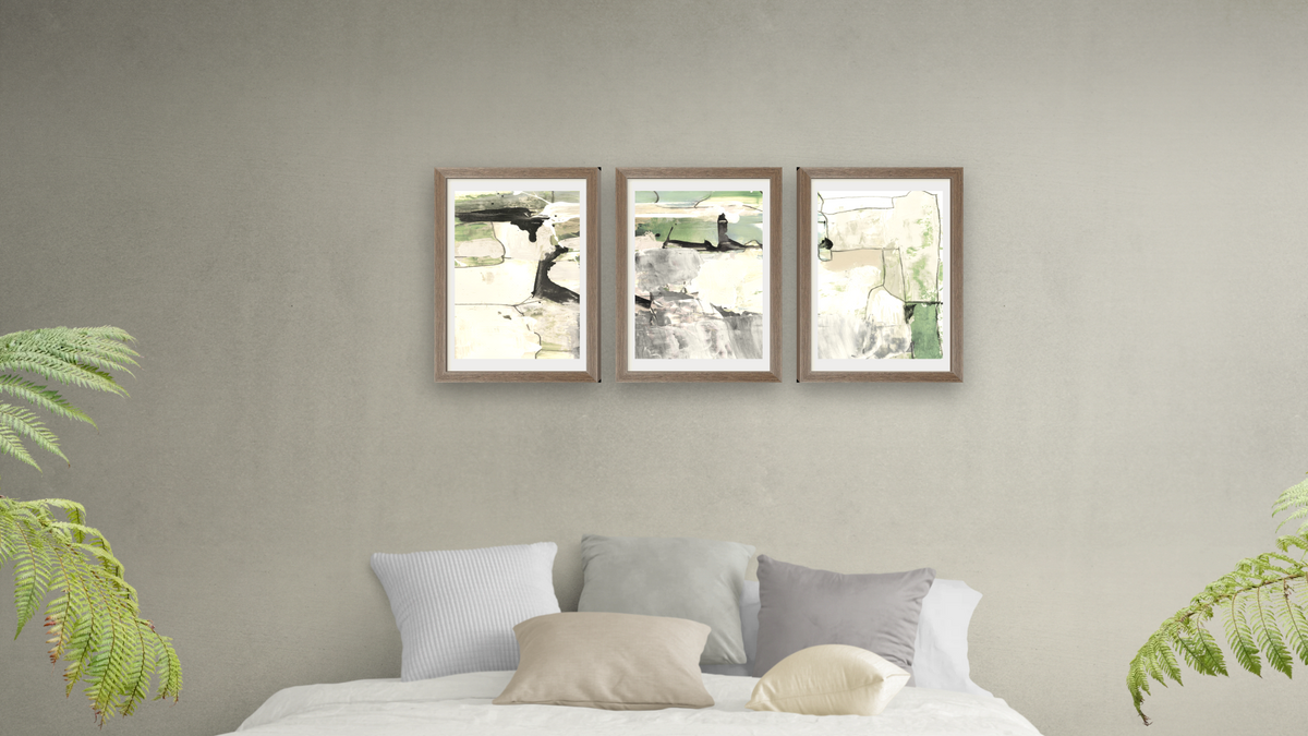 Triptych — Green Set 1 × Green Set 2 × Green Set 3, shown at 14 × 21 in (35.6 × 53.3 cm) in Arber Light Walnut, bedroom