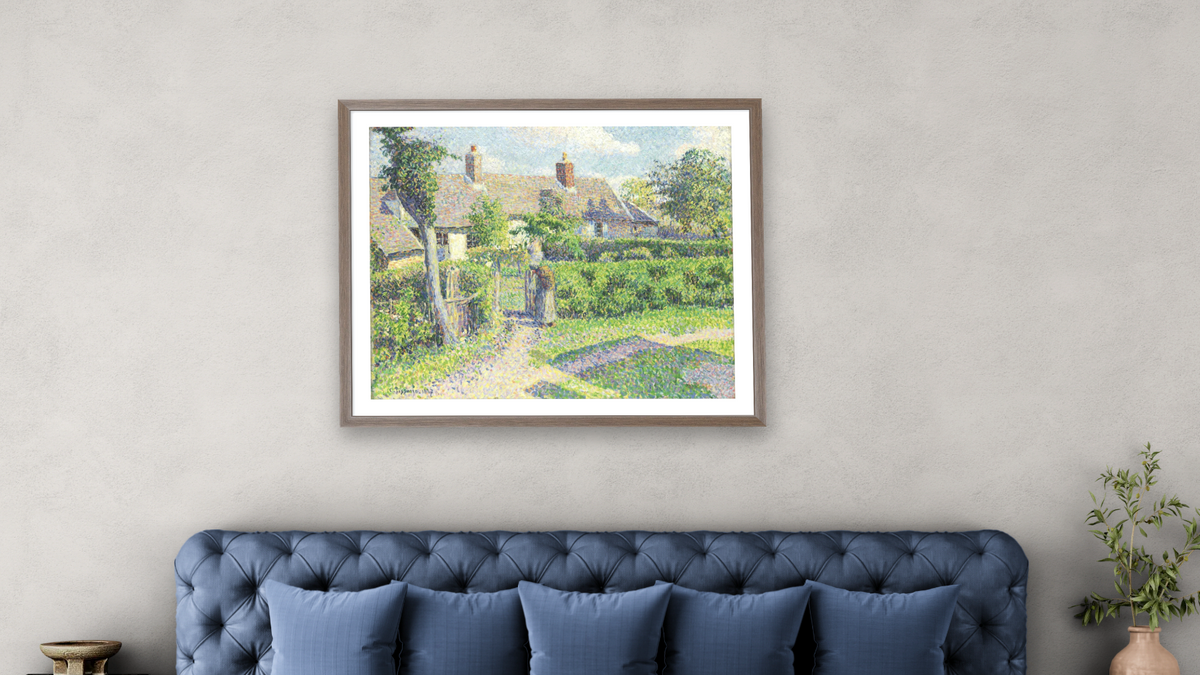 Peasants' houses, Eragny by Camille Pissarro, shown at 32 × 40 in (81.3 × 101.6 cm) in Arber Light Walnut, bedroom