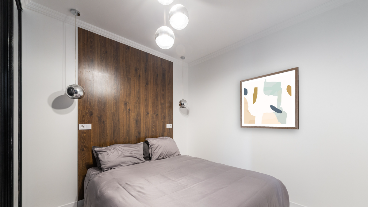 Mez Set 2 by Dan Hobday, shown at 32 × 32 in (81.3 × 81.3 cm) in Arber Light Walnut, bedroom