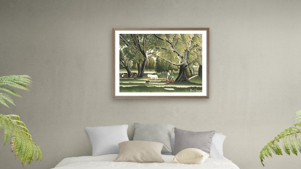 Summer by Henri Rousseau, shown at 30 × 40 in (76.2 × 101.6 cm) in Arber Light Walnut, bedroom