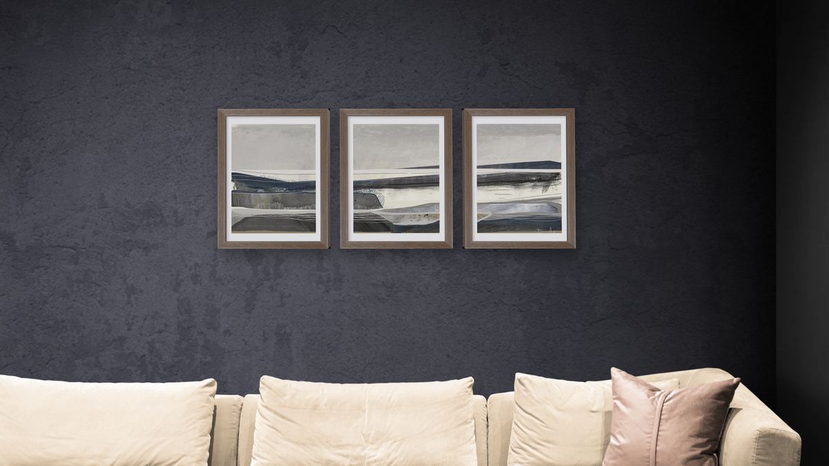 Triptych — Bay 1 × Bay 2 × Bay 3, shown at 14 × 21 in (35.6 × 53.3 cm) in Arber Light Walnut, living