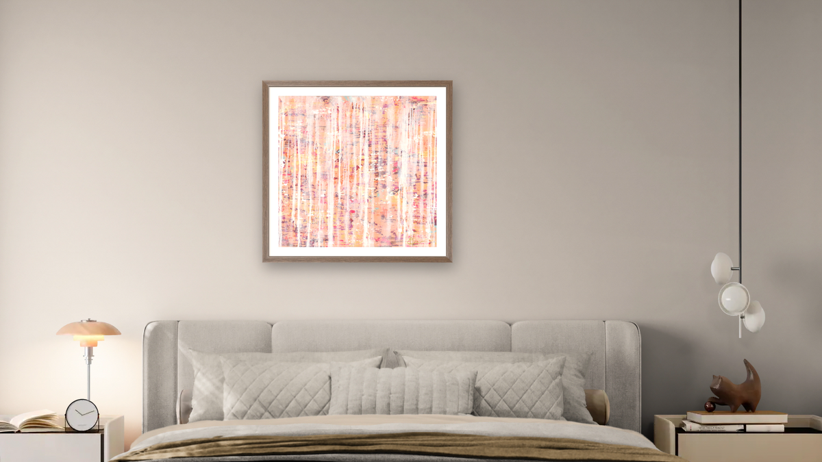 Princess Peach by Emily Herrera, shown at 32 × 32 in (81.3 × 81.3 cm) in Arber Light Walnut, bedroom